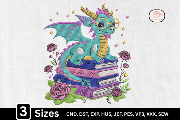 Fantasy Dragon on Floral Book Stack: A Whimsical Embroidery Design for Storytellers and Makers